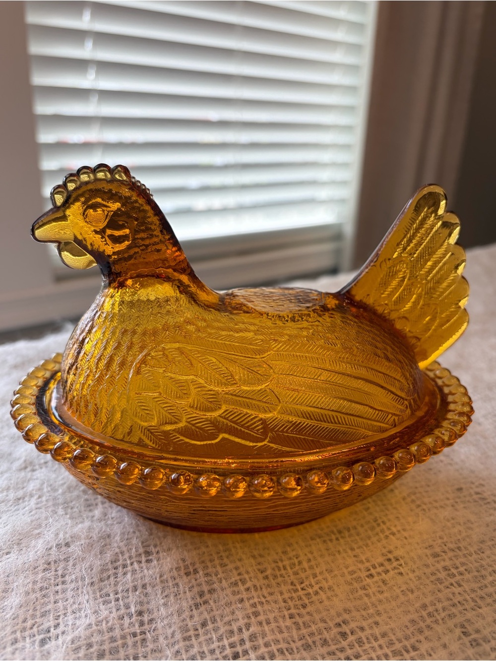 Vintage Indiana Glass Amber Gold Glass Hen on Nest, striated base. 7”” hobnail